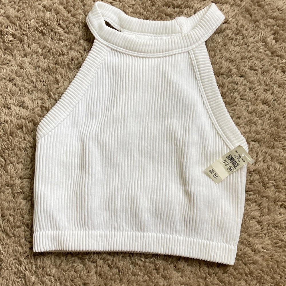 White Ribbed High Neck Crop Top